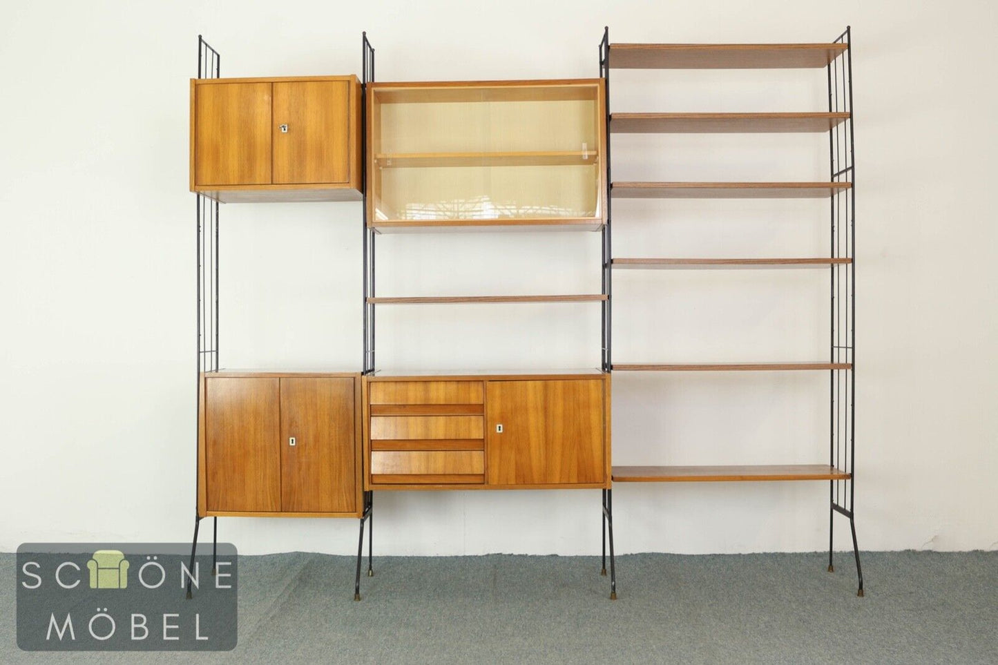 Vintage String Regal Retro Glasvitrine Mid Century Bücherschrank Bücherregal