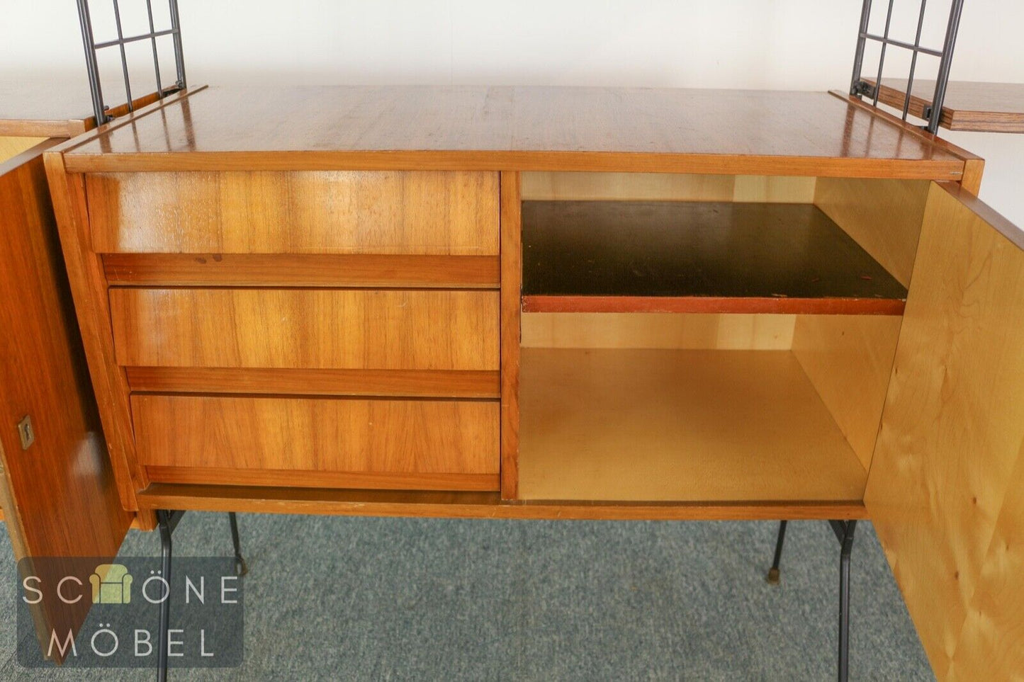 Vintage String Regal Retro Glasvitrine Mid Century Bücherschrank Bücherregal