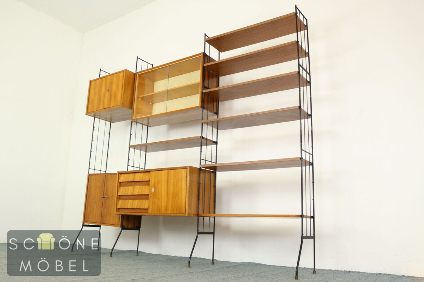 Vintage String Regal Retro Glasvitrine Mid Century Bücherschrank Bücherregal