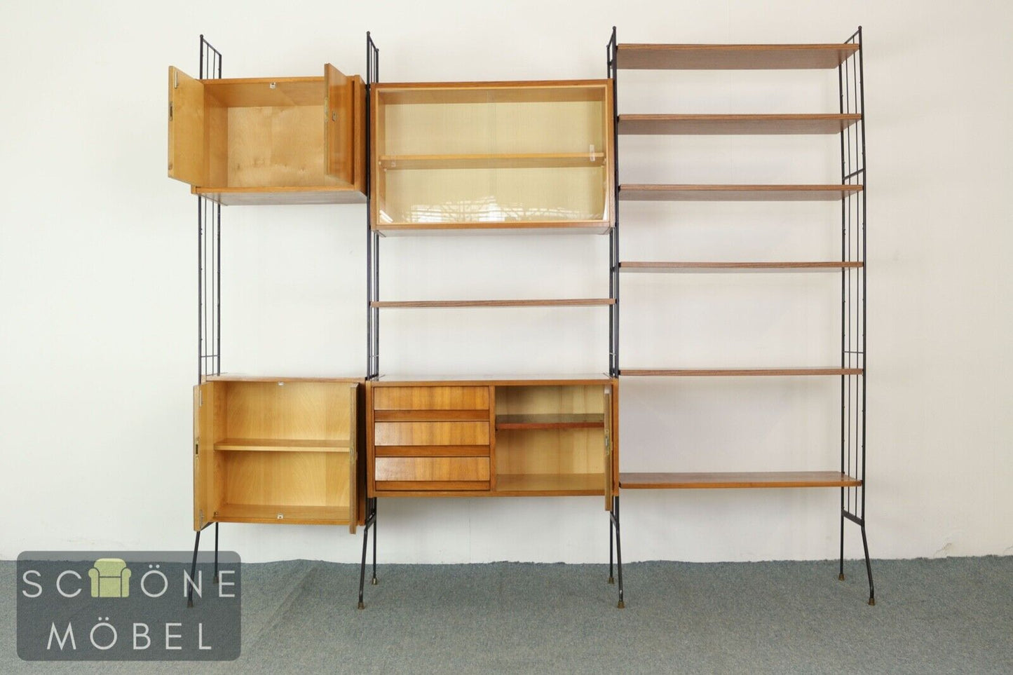 Vintage String Regal Retro Glasvitrine Mid Century Bücherschrank Bücherregal