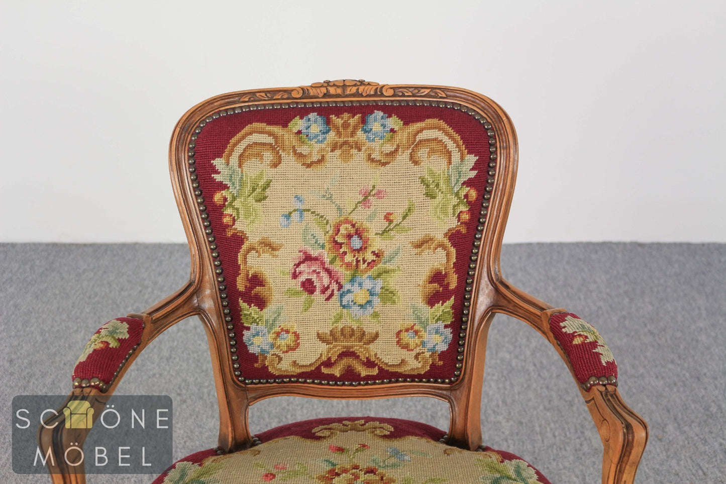 Gobelinsessel Armlehnstuhl Holzrahmen floral Rot – Vintage Lounge Sessel