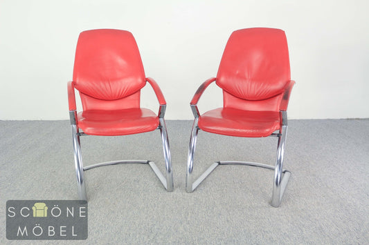Original Designklassiker 2er Set KOINOR Design Freischwinger Stühle rot – Leder