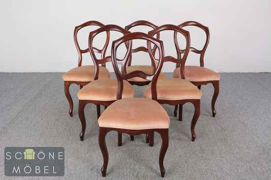 Set aus 6 elegante Rokoko Stil Polsterstühle Mahagoni Esszimmerstühle Vintage