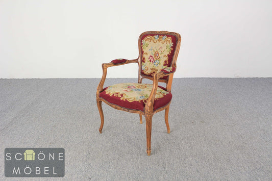 Gobelinsessel Armlehnstuhl Holzrahmen floral Rot – Vintage Lounge Sessel