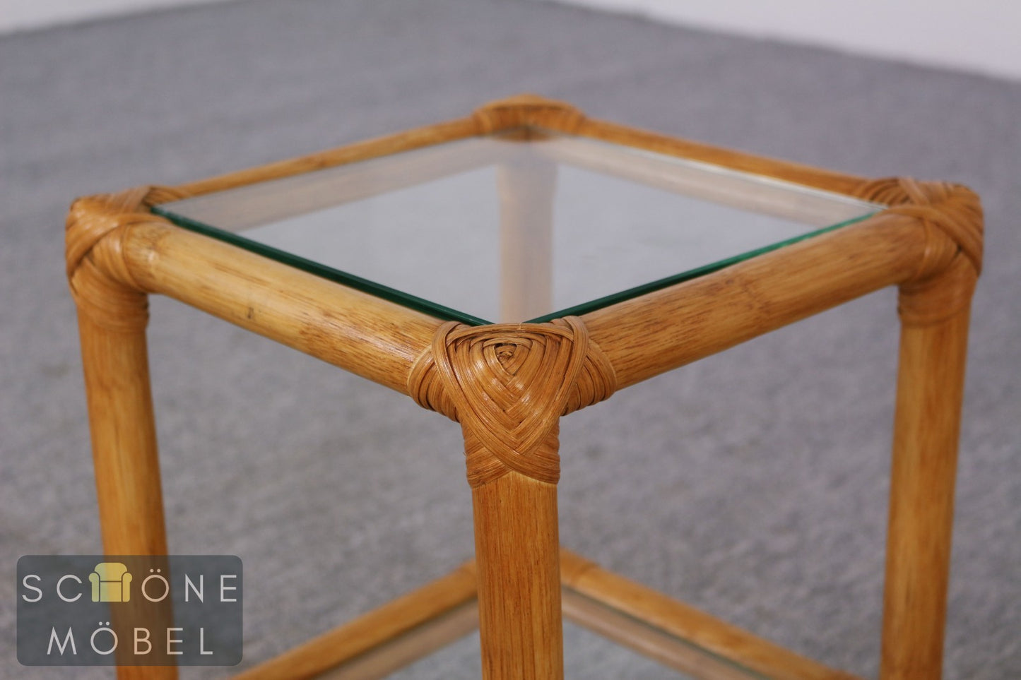 Rattan Beistelltisch Couchtisch Glas Vintage Bambus Boho Mid Century