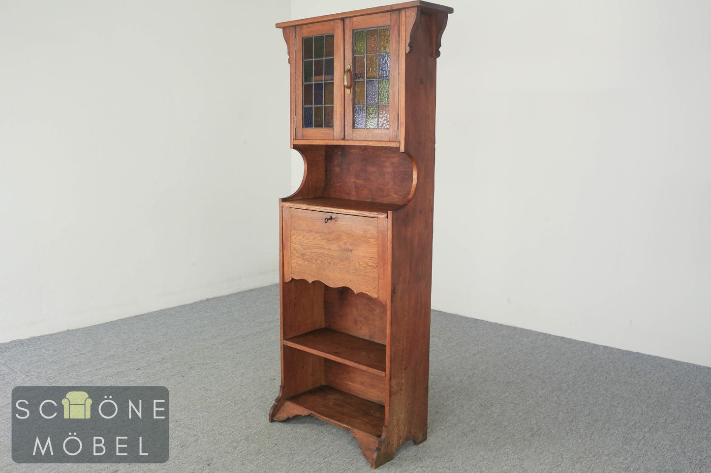 Antiker Sekretär mit Bleiverglasung Jugend Stil Buffet – Eiche – um 1900