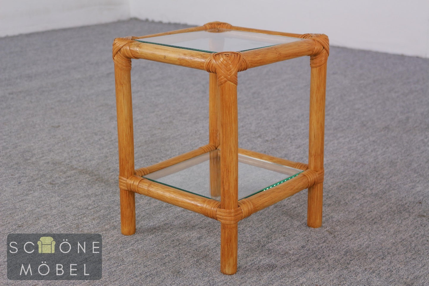Rattan Beistelltisch Couchtisch Glas Vintage Bambus Boho Mid Century