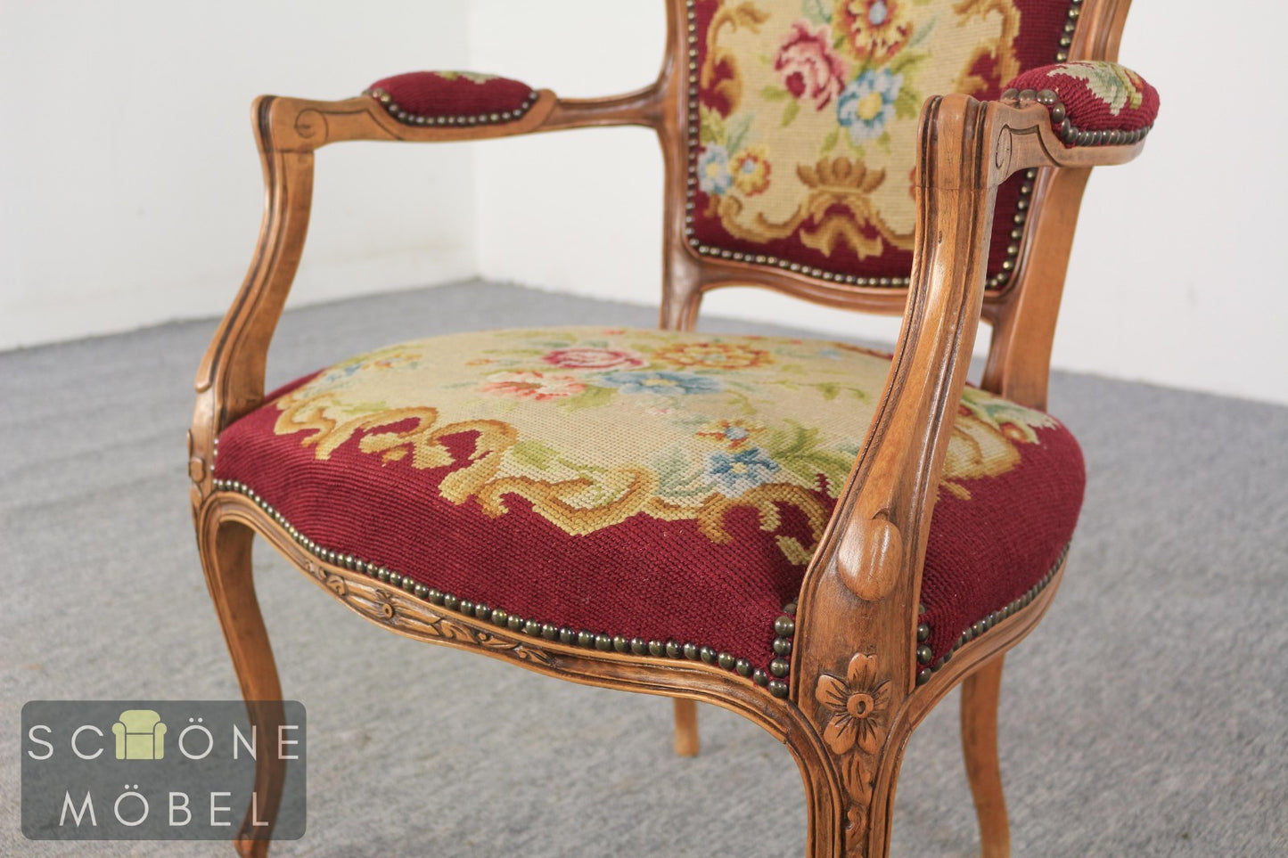 Gobelinsessel Armlehnstuhl Holzrahmen floral Rot – Vintage Lounge Sessel