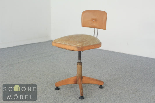 Antik Stil Drehstuhl Arbeitsstuhl mit Lederpolster Holzfuß, höhenverstellbar