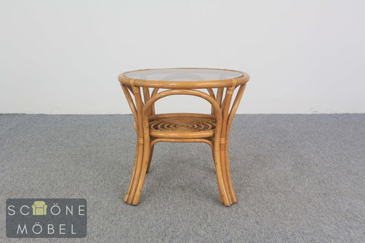 Boho Runder Vintage Rattantisch mit Glasplatte im natürlichen Retro-Stil