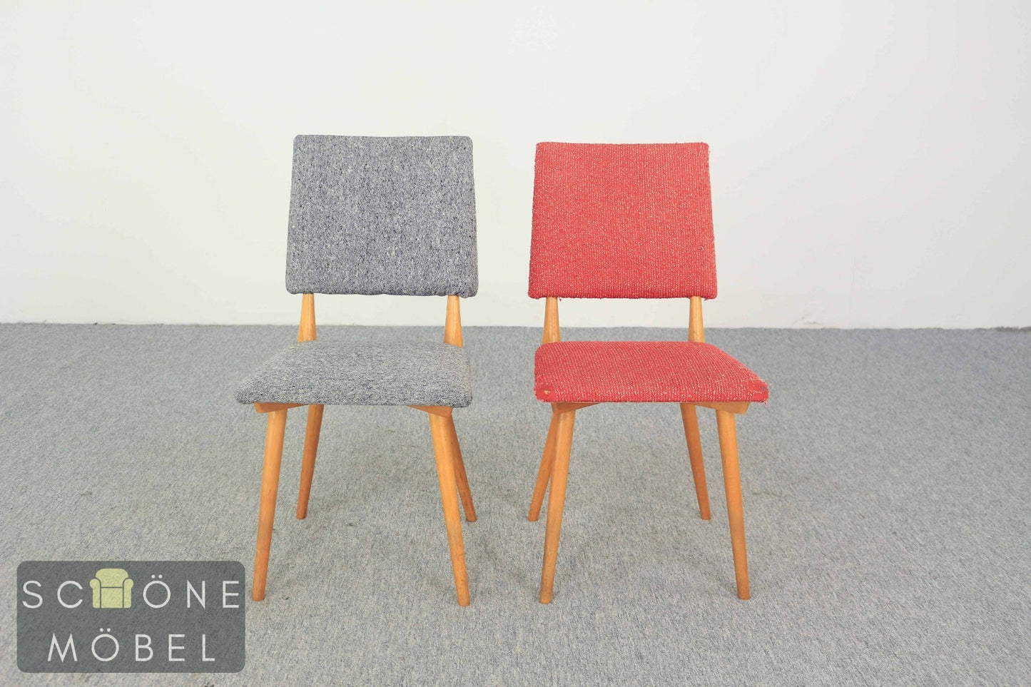 String Designe Mid-Century Esszimmerstuhl – Holzgestell, Stoffpolster, 50er/60er