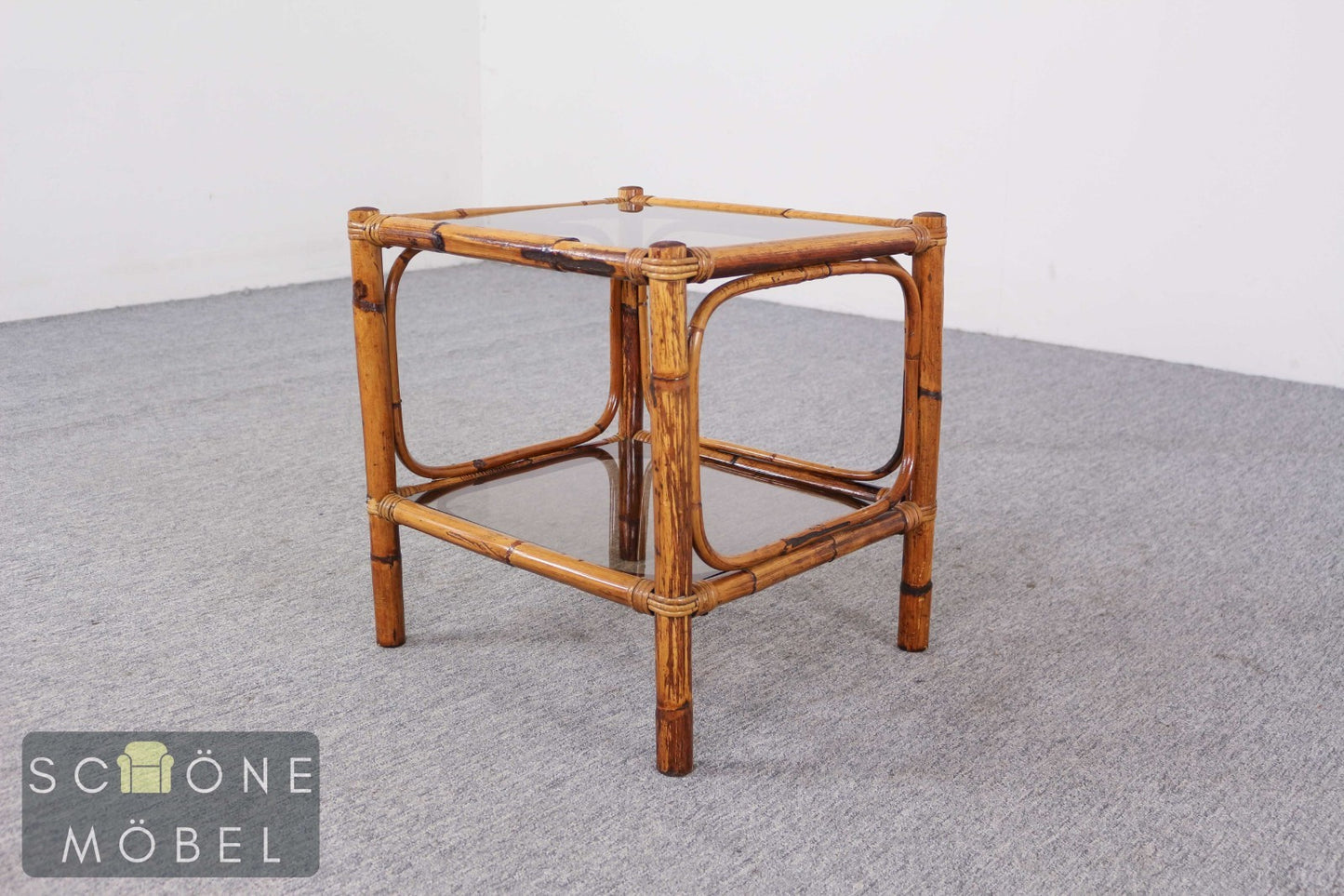 Italienischer Bambus Couchtisch Rauchglas 70er Vintage Beistelltisch Tisch