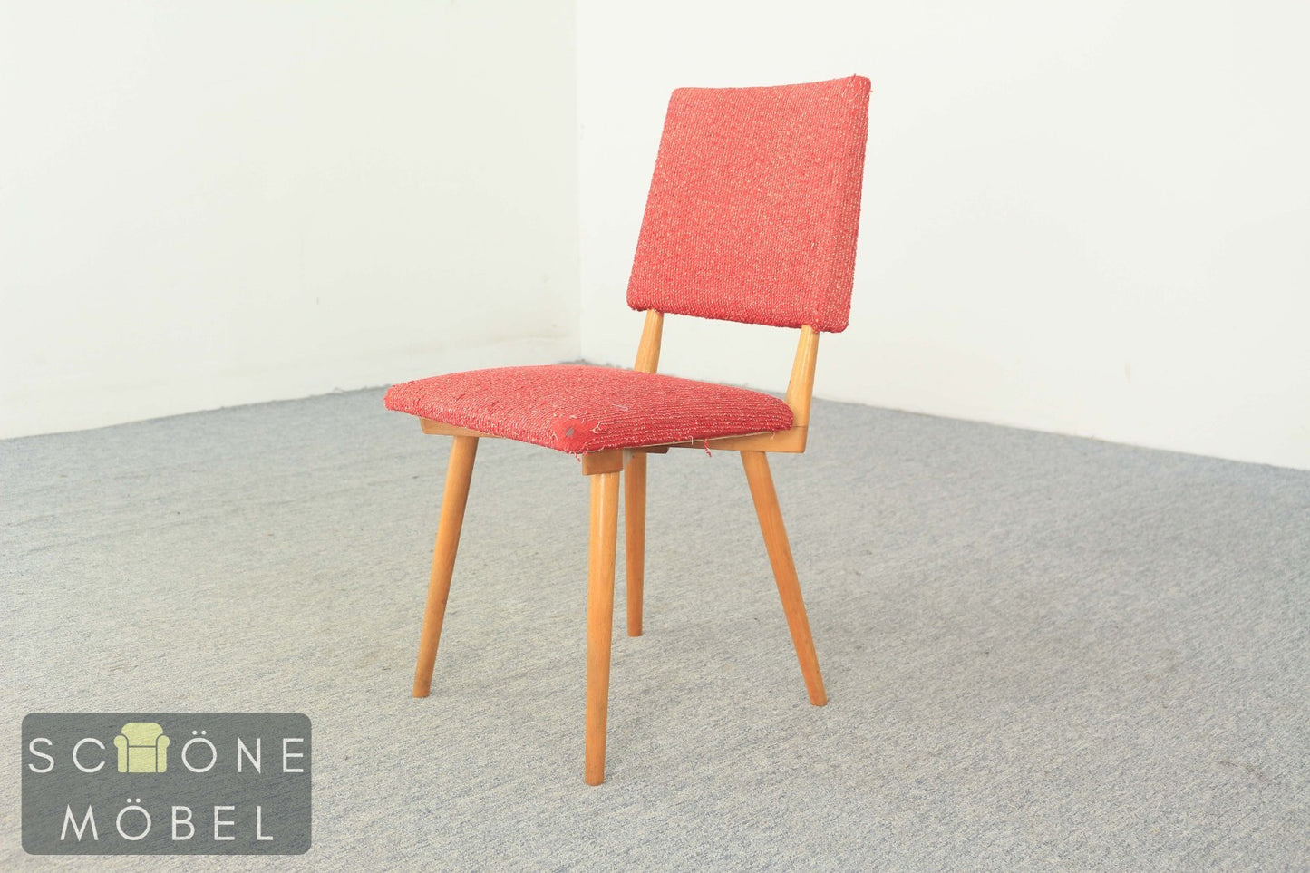 String Designe Mid-Century Esszimmerstuhl – Holzgestell, Stoffpolster, 50er/60er