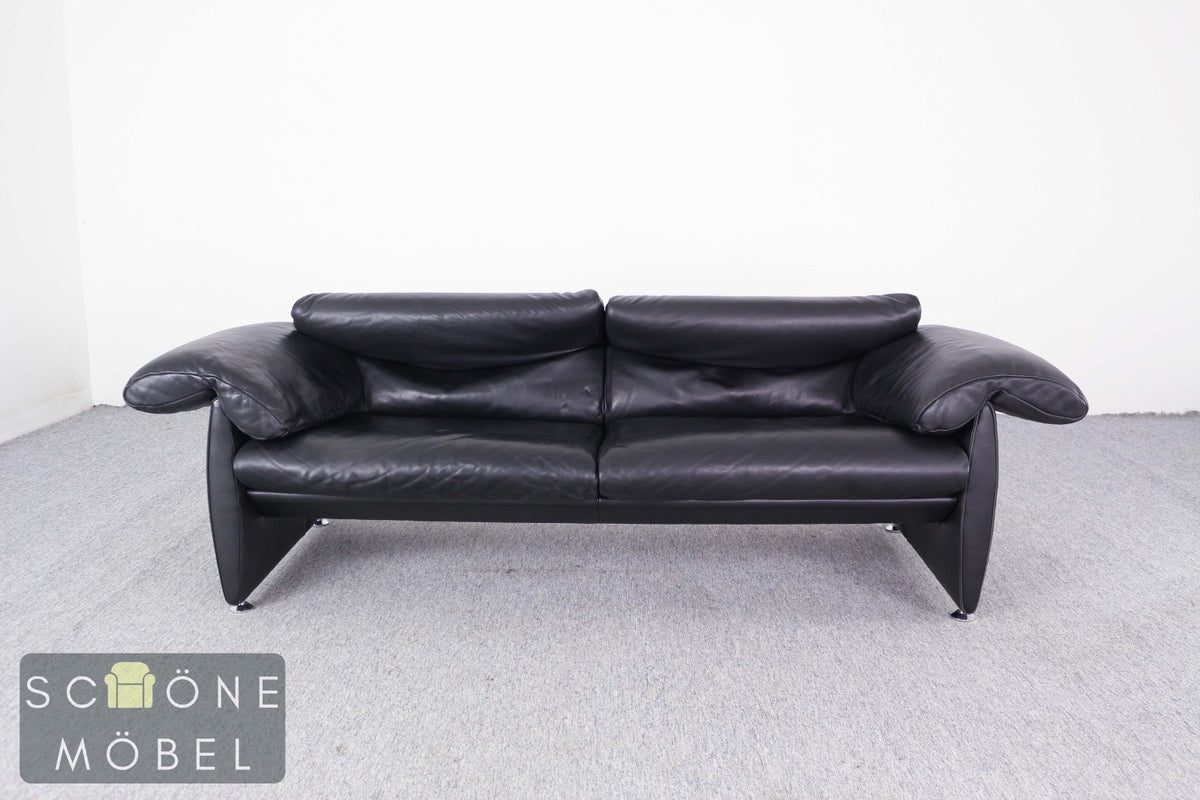 Designer Ledersofa Schwarz Zweisitzer Lounge Sofa im De-Sede Stil