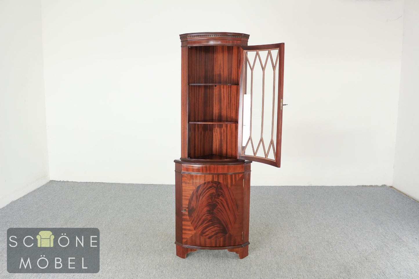 Biedermeier Stil Vitrinen Schrank / Eckschrank Mahagoni Glasvitrine Intarsie