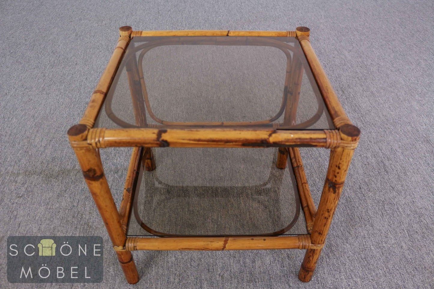 Italienischer Bambus Couchtisch Rauchglas 70er Vintage Beistelltisch Tisch