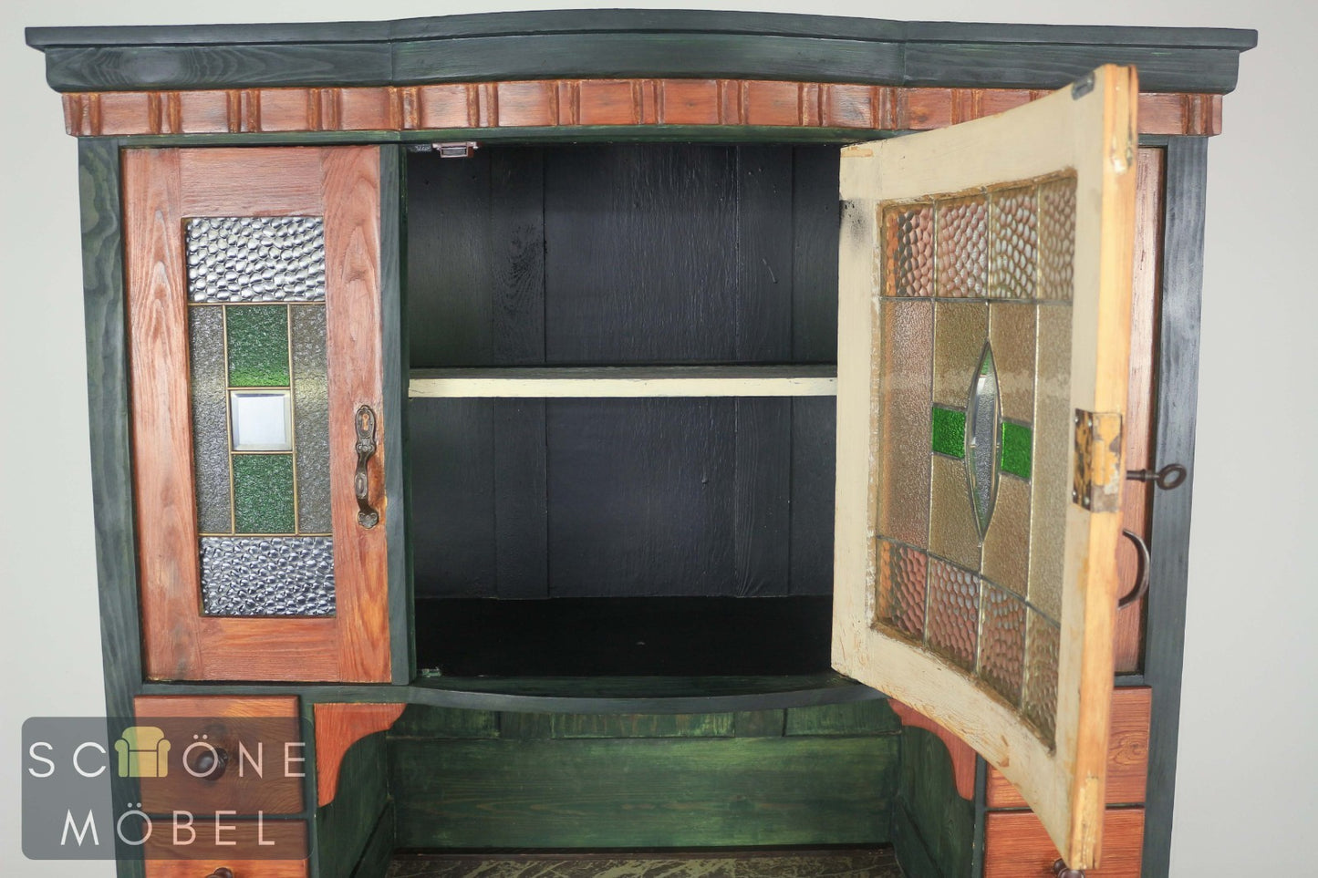 Schöner Antiker Küchenschrank Jugendstil Buffet  Landhaus Massivholz Bleiglas