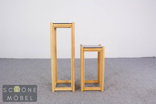 2er Set Blumensäule Rattan Blumenständer Beistelltisch Podest Bambus Vintage
