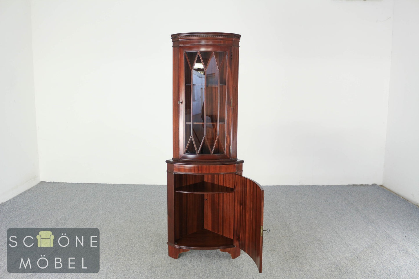 Biedermeier Stil Vitrinen Schrank / Eckschrank Mahagoni Glasvitrine Intarsie