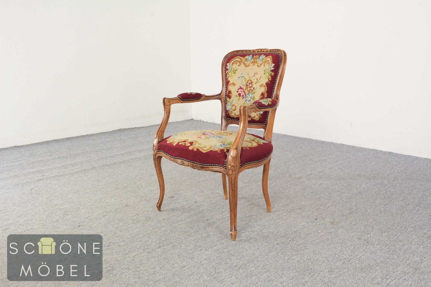 Gobelinsessel Armlehnstuhl Holzrahmen floral Rot – Vintage Lounge Sessel