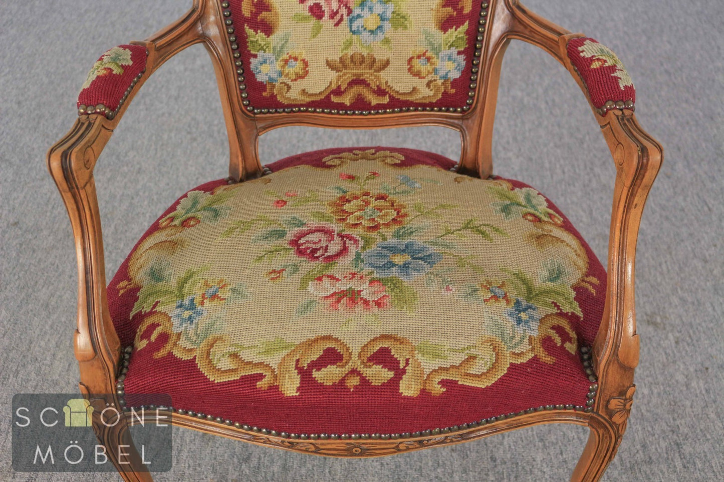 Gobelinsessel Armlehnstuhl Holzrahmen floral Rot – Vintage Lounge Sessel