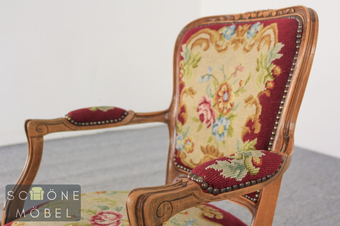 Gobelinsessel Armlehnstuhl Holzrahmen floral Rot – Vintage Lounge Sessel