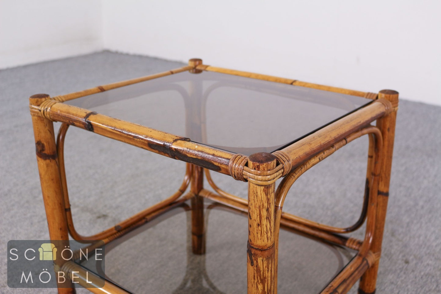 Italienischer Bambus Couchtisch Rauchglas 70er Vintage Beistelltisch Tisch
