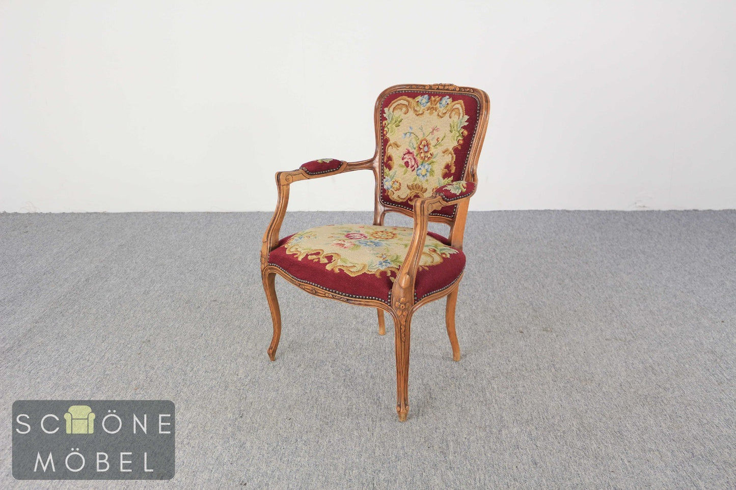 Gobelinsessel Armlehnstuhl Holzrahmen floral Rot – Vintage Lounge Sessel