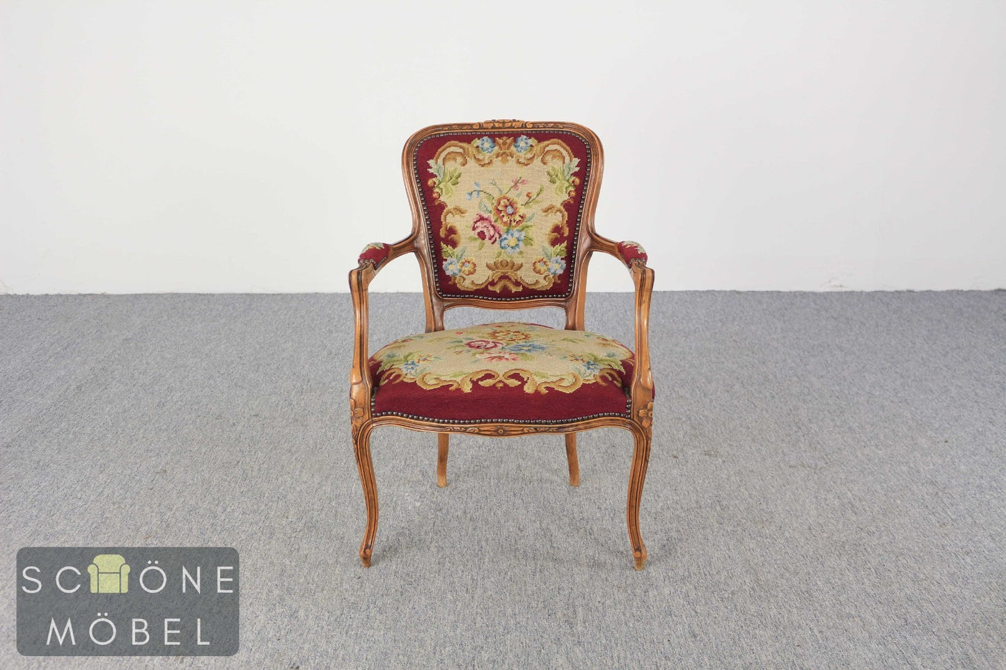 Gobelinsessel Armlehnstuhl Holzrahmen floral Rot – Vintage Lounge Sessel