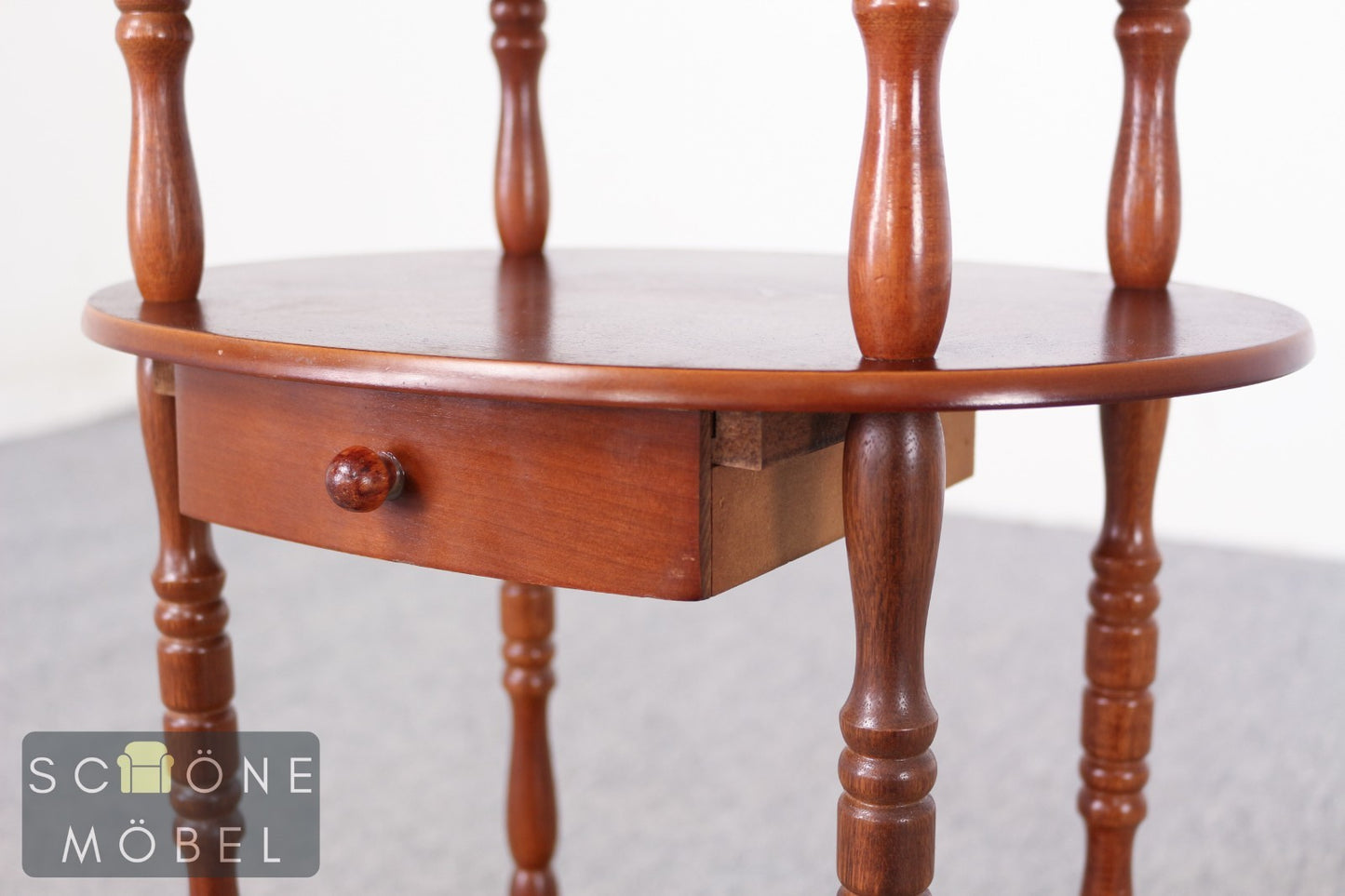 Vintage Beistelltisch rund mit Schublade Etagere Blumenständer Holz
