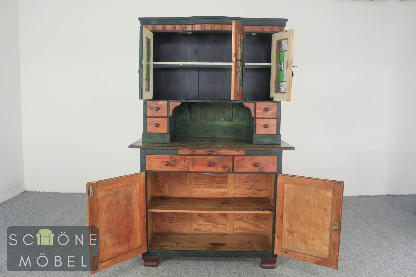 Schöner Antiker Küchenschrank Jugendstil Buffet  Landhaus Massivholz Bleiglas